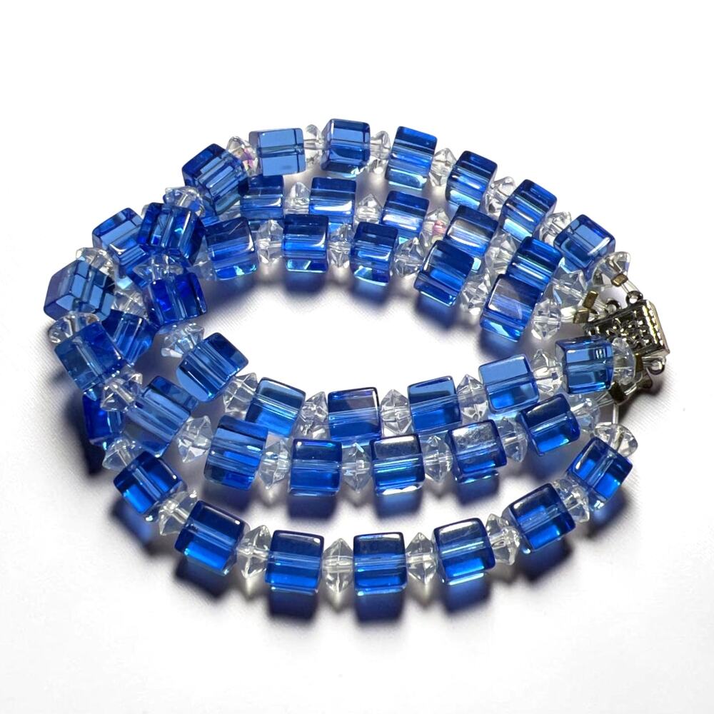 Chunky Sapphire Blue Crystal Cube Bracelet Triple Strand Filigree Clasp